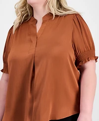 Anne Klein Plus Y-Neck Short Puff Sleeve Blouse