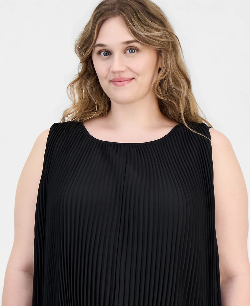 Anne Klein Plus Round-Neck Sleeveless Pleated Top