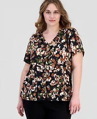 Anne Klein Essentials Plus Printed Ruffled V-Neck Top