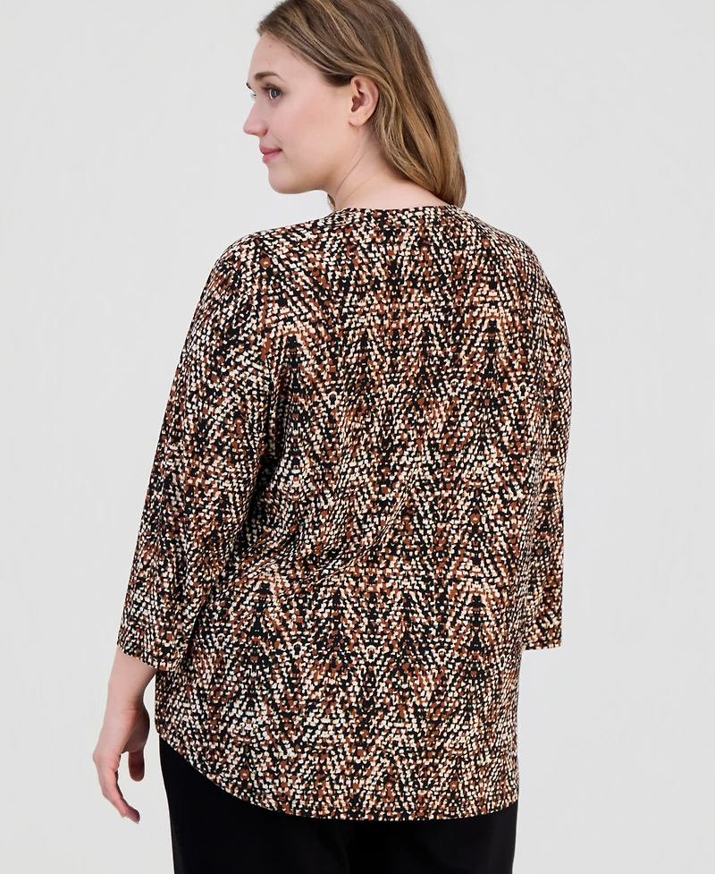 Anne Klein Essentials Plus Printed Split-Neck 3/4-Sleeve Top
