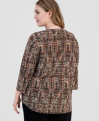 Anne Klein Essentials Plus Printed Split-Neck 3/4-Sleeve Top