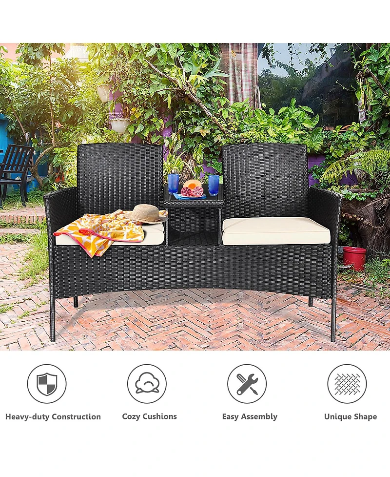 Gymax Cushioned Patio Rattan Seat Loveseat Sofa Table Chairs