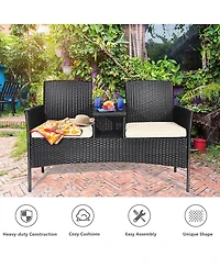 Gymax Cushioned Patio Rattan Seat Loveseat Sofa Table Chairs
