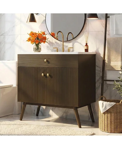 Sillysis 36 Inch Modern Freestanding Bathroom Vanity with Soft Close Doors, Striped Cabinet and Ceramic Sink for Luxury Storage