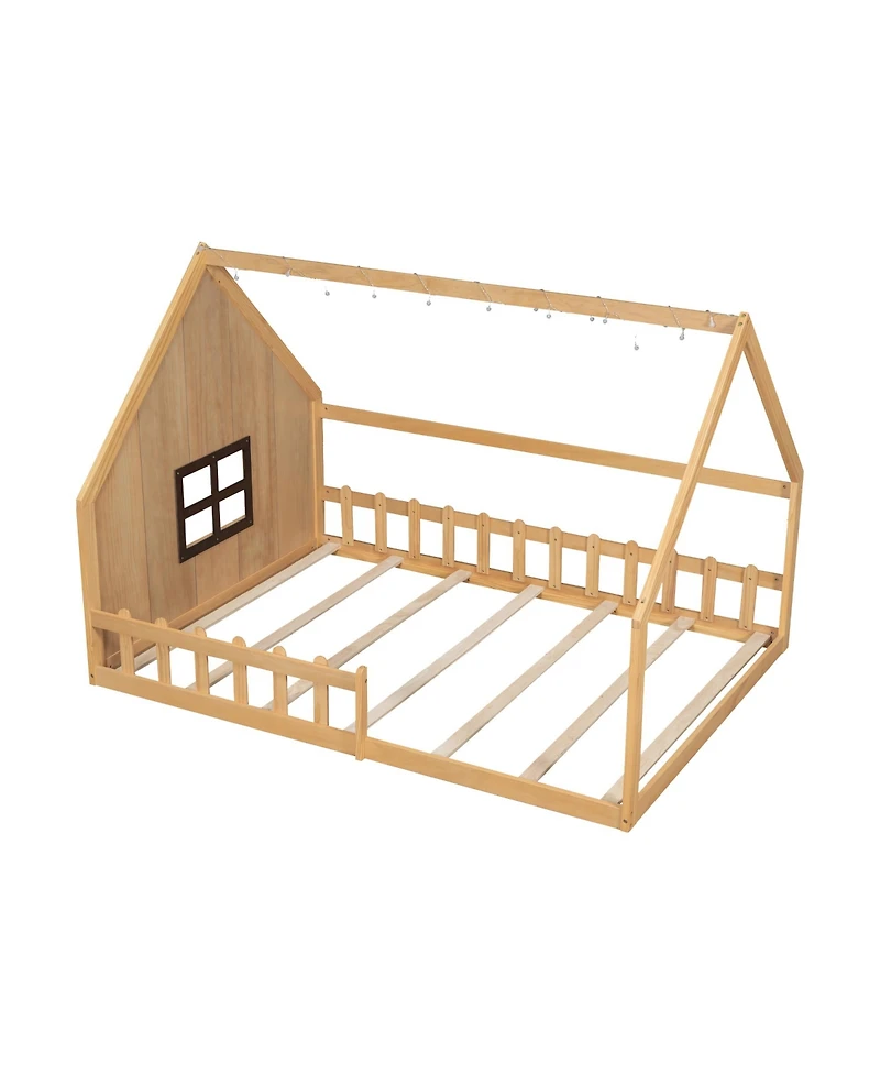 flynama Full Size Wood House Bed Window Fence