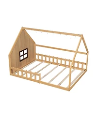 flynama Full Size Wood House Bed Window Fence