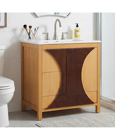 Sillysis 30 Inch Mid-Century Modern Bathroom Vanity with Sink, Freestanding Fluted Wood Cabinet, 3 Drawers and Soft Close Door