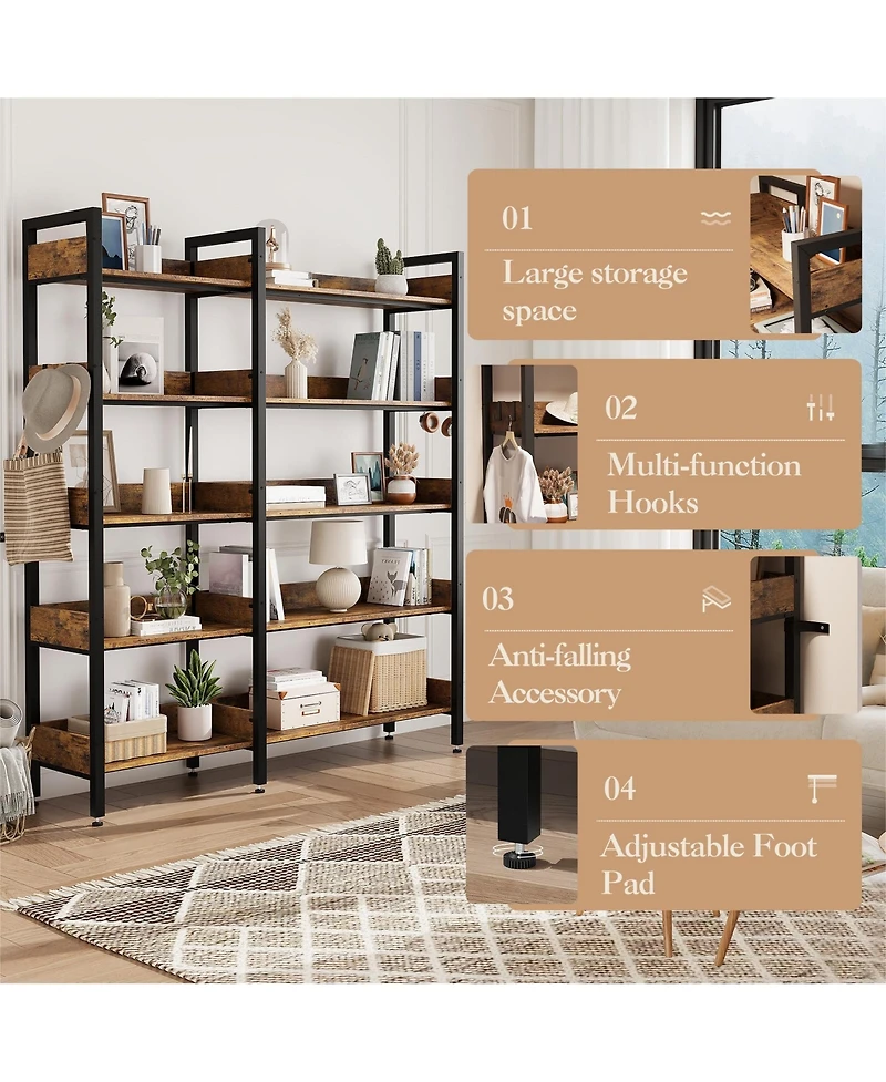 gaomon 5-Tier Convertible Retro Corner Bookshelf, Dual Splicing Modes Display Storage Shelf