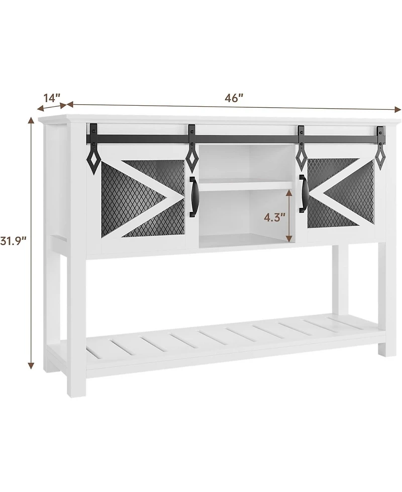 gaomon farmhouse entryway table with sliding barn doors, rustic industrial console with storage and open shelf for hallway or living room.