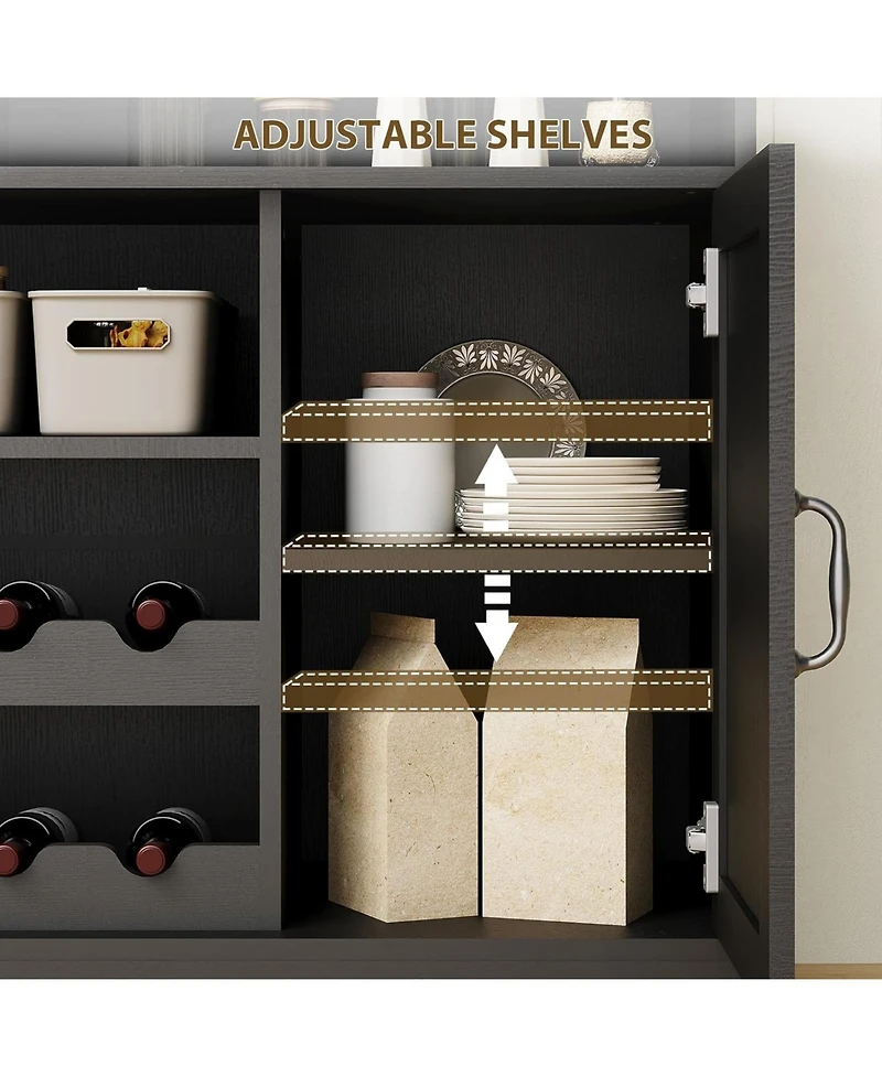 gaomon 47 Coffee Bar Cabinet with 5 Hooks, Buffet Power Outlets, Goblet Holder, Sideboard Wine Rack Hutch Storage