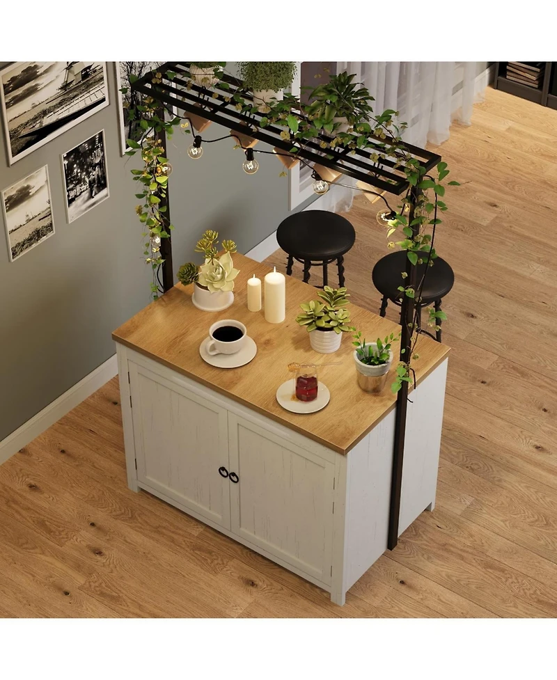 gaomon 42" Kitchen Island with Storage, 1.2" Countertop Heavy-Duty Multi-Functional Kitchen Cart with 2 Tier Shelves, 5 Hooks, Metal Coffee Bar Table