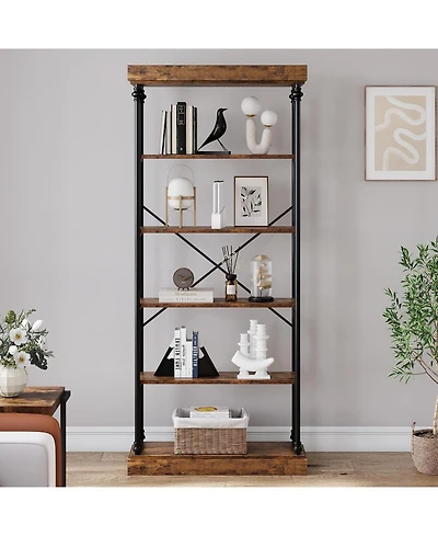 gaomon 6-Tier Industrial Wooden Bookshelf with Metal Frame, Rustic Tall Display Rack for Living Room