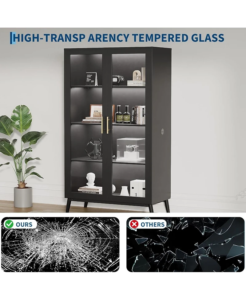 gaomon Glass Display Cabinet with Rgb Lights,4 Tier Curio Cabinets with 3 Color Lights,Display Case with Human Body Sensor & Usb Ports, Corner Storage