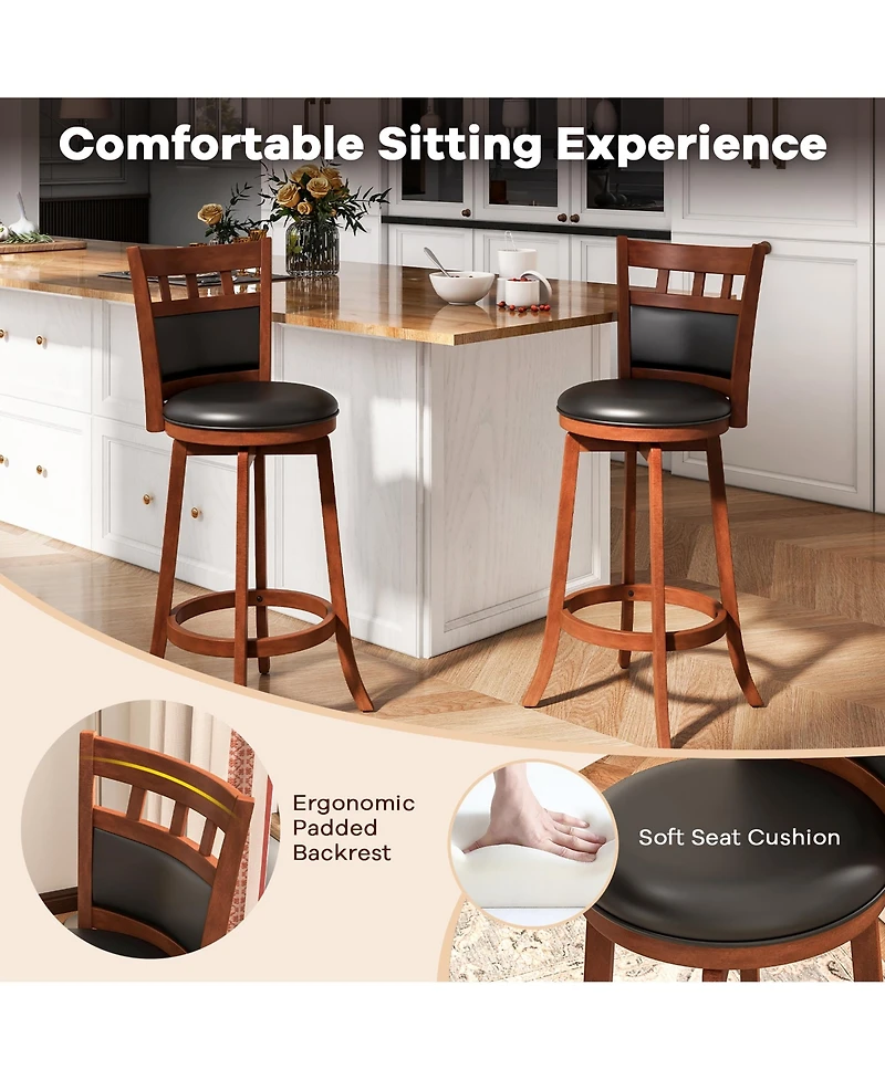 Gymax Wood Swivel Bar Stools Set of 4 With Faux Leather Upholstered Seat and Back
