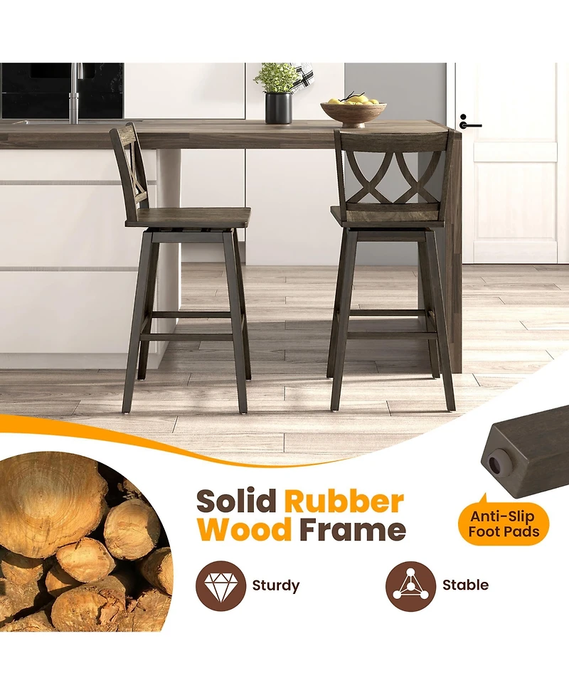 Gymax Bar Stool Set of w/Rubber Wood Frame Swivel Seat Ergonomic Backrest