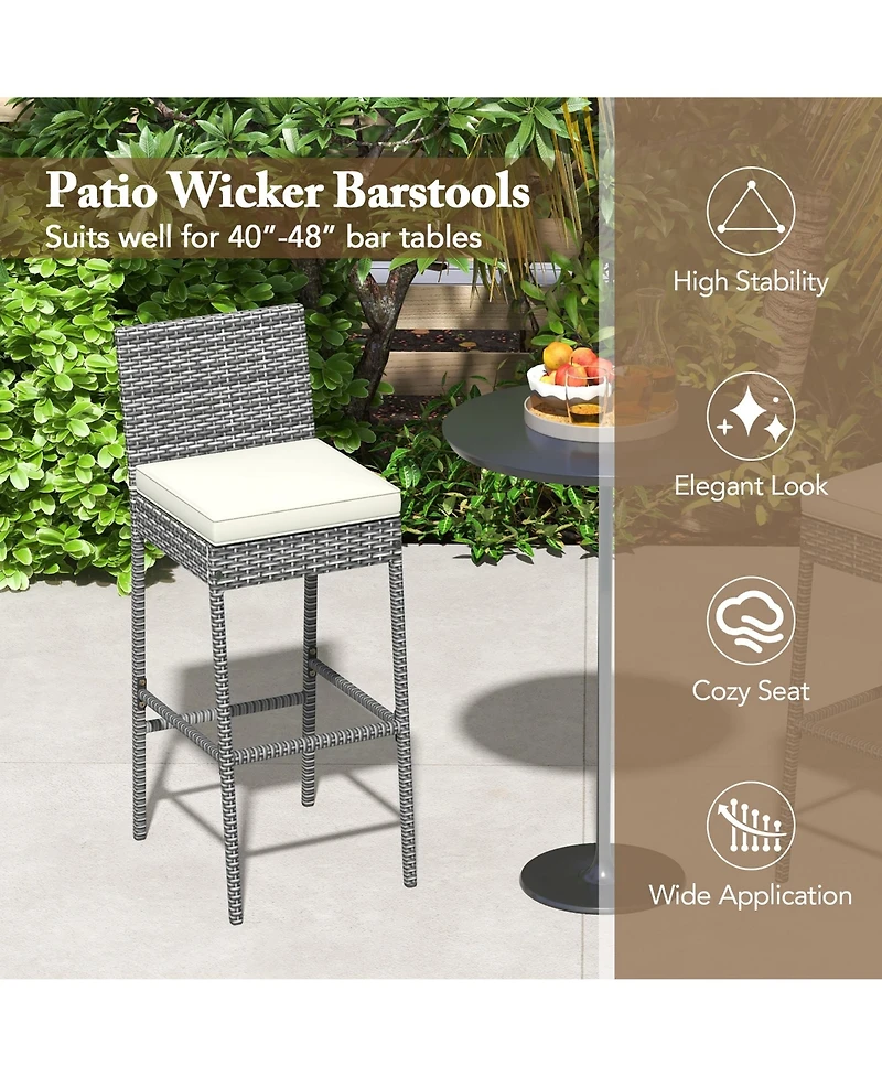 Gymax 4 Pcs Patio Wicker Barstools Bar Height Chairs W/ Cushions Backyard