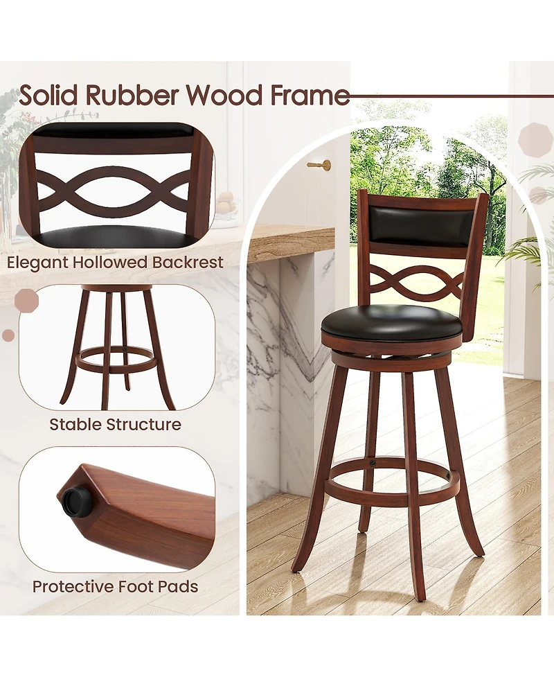 GymaxBar Height Stools Set of 2 w/Rubber Wood Frame Faux Leather Upholstered Seat