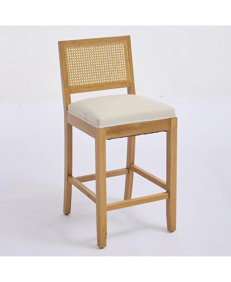 Maison Boucle Seat Solid Wood Rattan Back Bar Stools, Linen Cushion, Set of 2