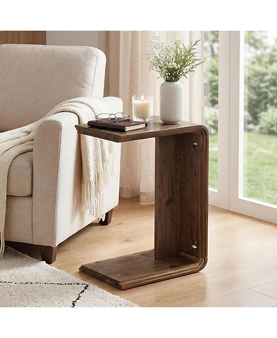 Tribesigns C-Shaped Solid Wood End Table, Wooden Narrow Sofa Side Table