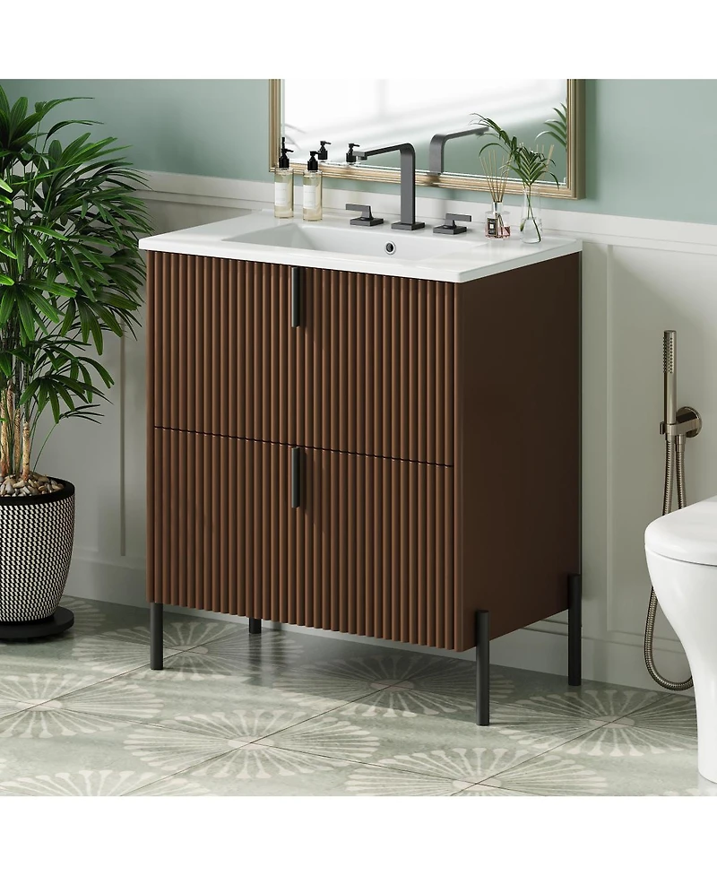 Sillysis Bathroom Vanity with Sink, Modern Fluted Mdf Cabinet, Soft Close Full-Extension Drawers for Small Spaces