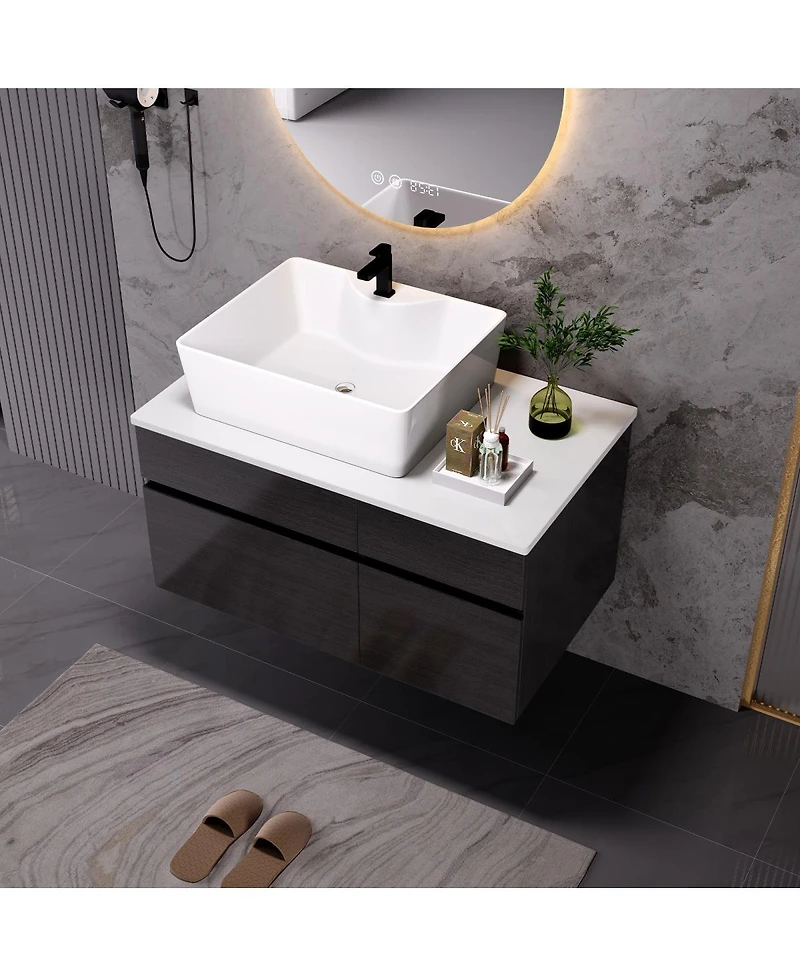 Sillysis Floating Bathroom Vanity with Vessel Ceramic Sink, Soft Close Drawer, Wall Mounted for Small Spaces