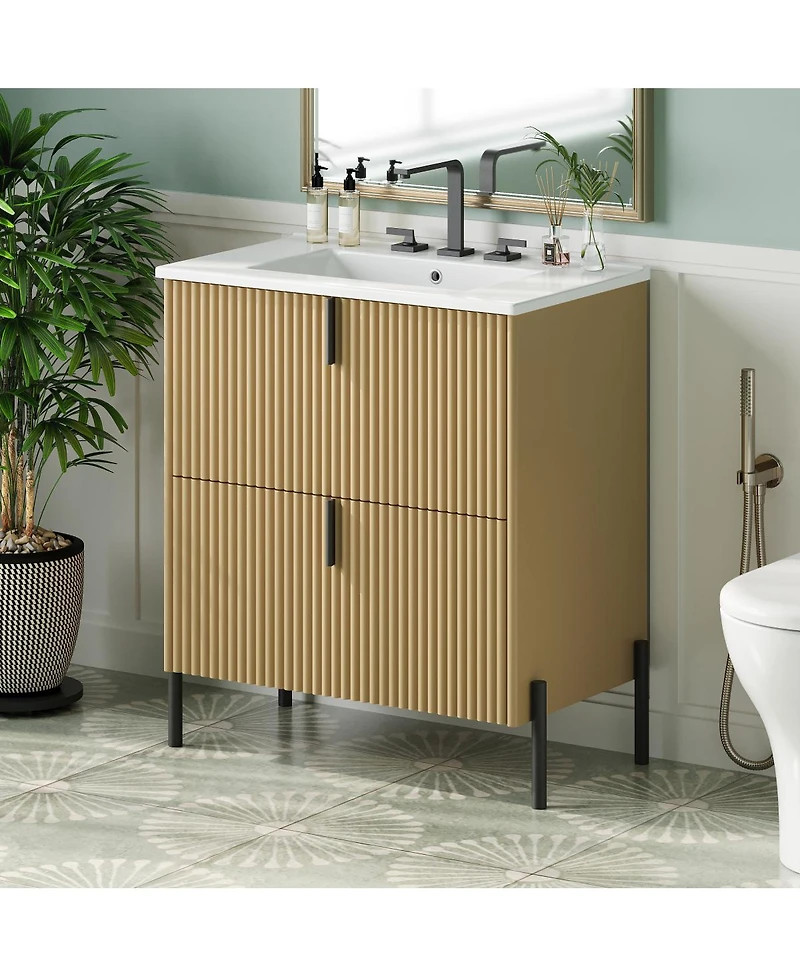Sillysis Bathroom Vanity with Sink, Modern Fluted Mdf Cabinet, Soft Close Full-Extension Drawers for Small Spaces