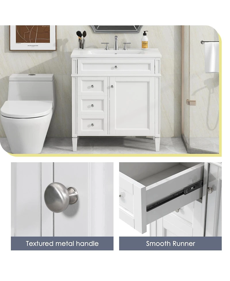 Sillysis Bathroom Vanity with Ceramic Sink, Solid Wood Cabinet, Ample Storage Drawers Adjustable Shelf for Small