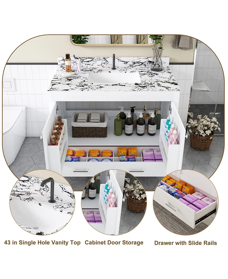Sillysis Modern Bathroom Vanity with Marble-Style Top, Large Drawer Storage, Soft Close Doors