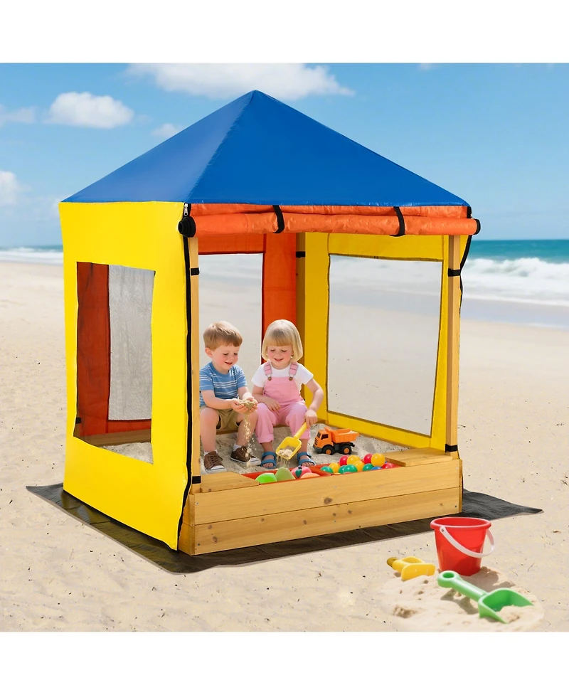 Slickblue Outdoor Wooden Sandbox for Kids with Canopy and Mesh Windows