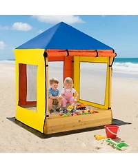 Slickblue Outdoor Wooden Sandbox for Kids with Canopy and Mesh Windows