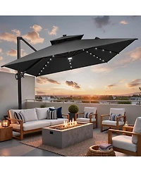 Pellebant Outdoor Patio Aluminum Double Canopy Led Solar Lights Cantilever Umbrella