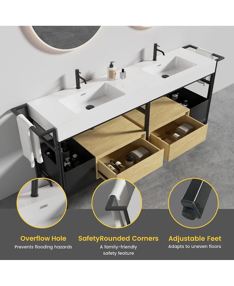 Sillysis 72'' Industrial Double Bathroom Vanity with Artificial Stone Sinks, Large Freestanding Bathroom Vanity without Faucet