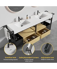 Sillysis 72'' Industrial Double Bathroom Vanity with Artificial Stone Sinks, Large Freestanding Bathroom Vanity without Faucet