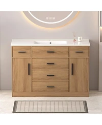 Sillysis 48" Light Oak Bathroom Vanity with Resin Top, 6 Drawers and 2 Soft Close Doors, Transitional Storage for Modern