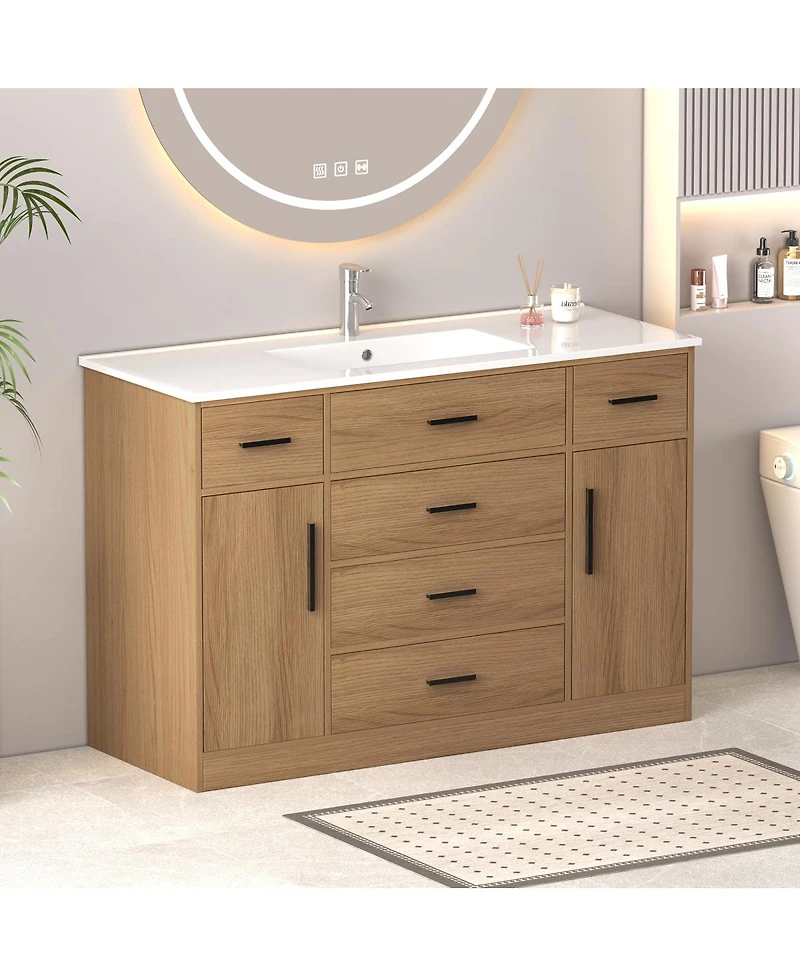 Sillysis 48" Light Oak Bathroom Vanity with Resin Top, 6 Drawers and 2 Soft Close Doors, Transitional Storage for Modern