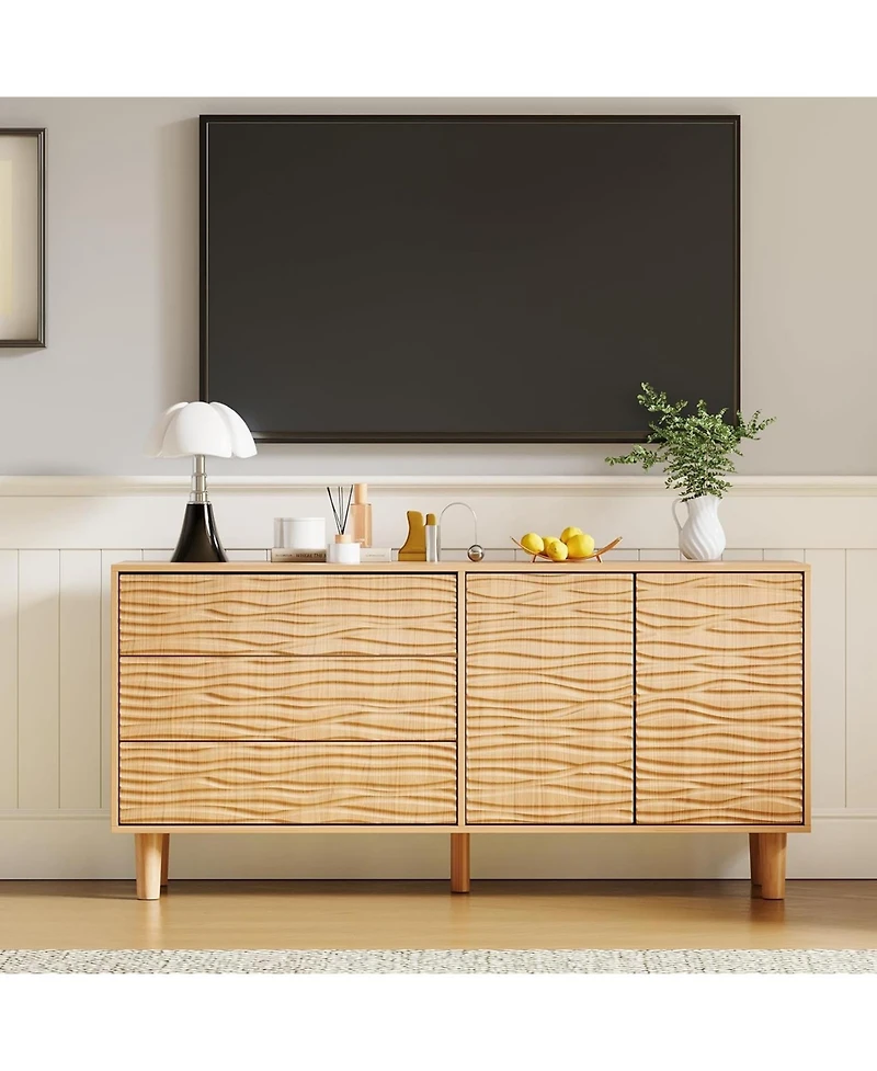 gaomon Mid Century 61" Sideboard Buffet Cabinet, Large Kitchen Storage Cabinet with Undulating Groove Design, 3 Drawers, 2 Doors and Adjustable Shelf