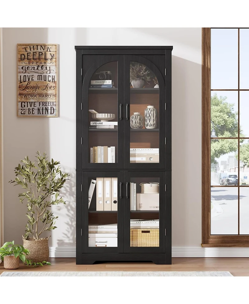 gaomon Kitchen Pantry Cabinet - 70" Tall Storage Cabinet with 4 Arched Glass Doors and Adjustable Shelves