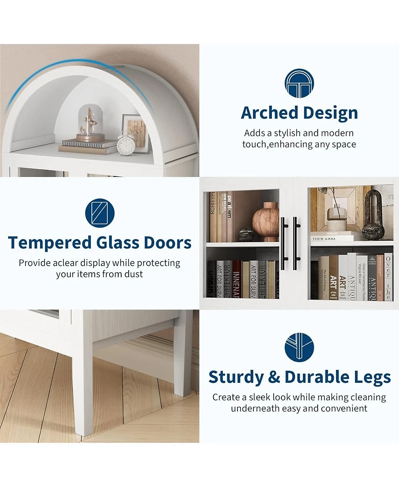 gaomon 70 in Tall Arched Kitchen Pantry Cabinet with Led Lights, Modern Wood Arched Bookshelf with Glass Doors and Adjustable Shelves