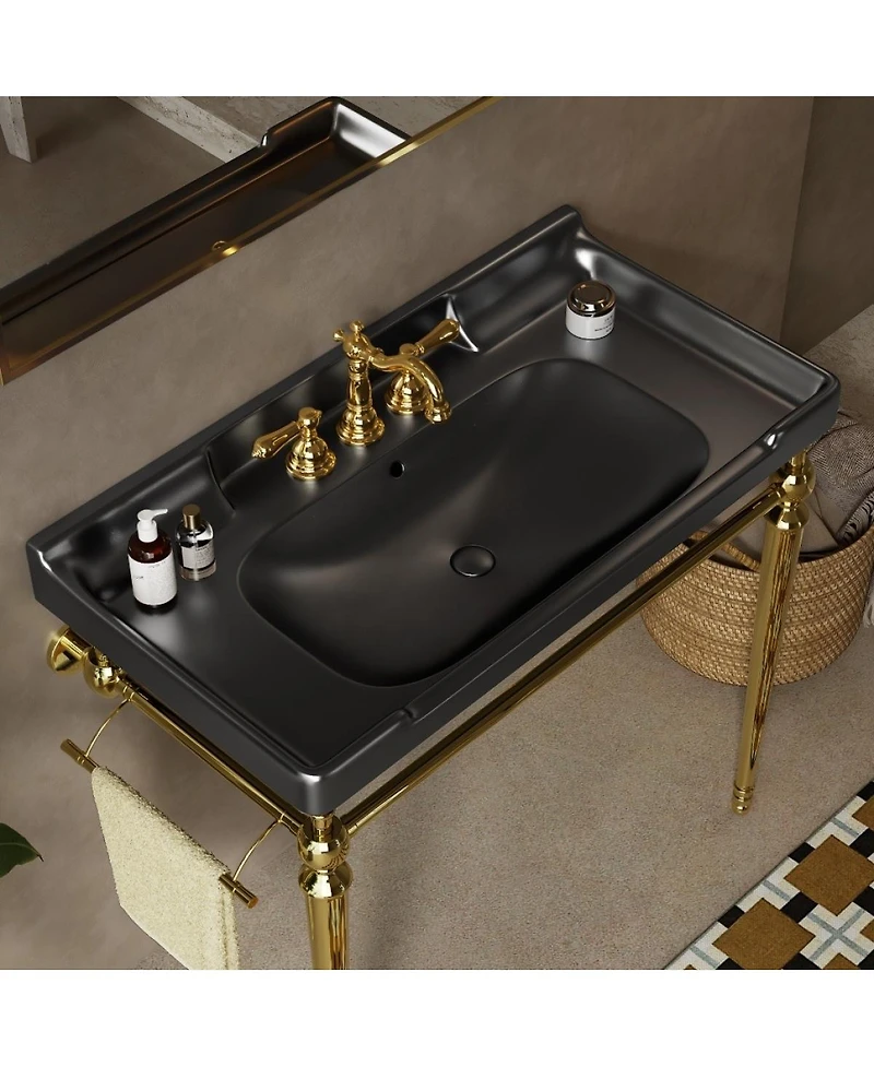 Sillysis 36" Bathroom Ceramic Sink Basin with 3 Faucet Holes, Rectangular Countertop Vanity Overflow for Modern
