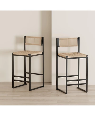 Rainsken Paper Rope Woven Bar Stools Set of 2, 25'' Counter Height Chairs with Back, Footrest for Kitchen Island, Home Pub, Honey