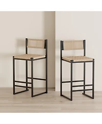 Rainsken Paper Rope Woven Bar Stools Set of 2, 25'' Counter Height Chairs with Back, Footrest for Kitchen Island, Home Pub, Honey