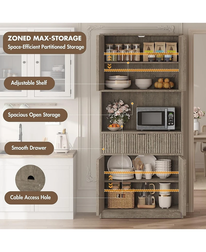gaomon 70" Tall Kitchen Pantry Cabinet with Doors, Fluted Drawer and Adjustable Shelves