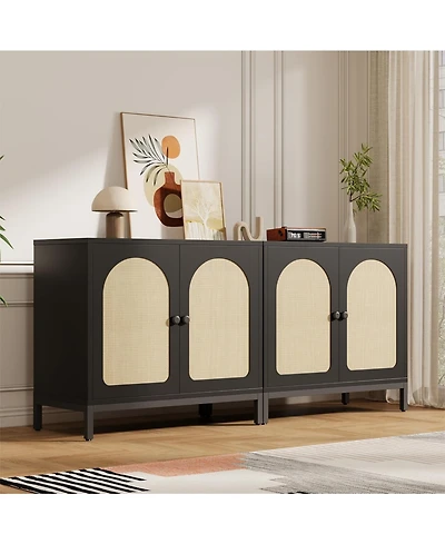 gaomon Rattan Sideboard Buffet Cabinet Set of 2, Boho Accent Kitchen Storage Liquor Bar Console Cabinet with Adjustable Shelf for Living Room, Hallway