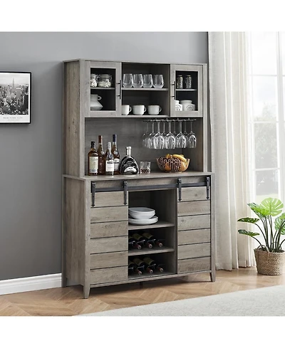 gaomon Farmhouse Bar Cabinet with Sliding Barn Door, 70" Rustic Buffet Cabinet with Storage Shelves, Liquor Cabinet