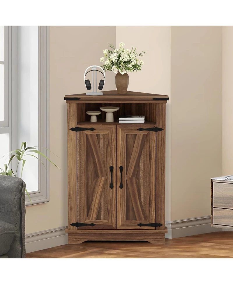 gaomon Corner bathroom cabinet with farmhouse barn doors, adjustable shelf, and compact design-ideal storage table for small spaces