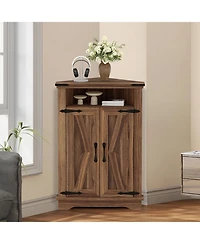 gaomon Corner bathroom cabinet with farmhouse barn doors, adjustable shelf, and compact design-ideal storage table for small spaces