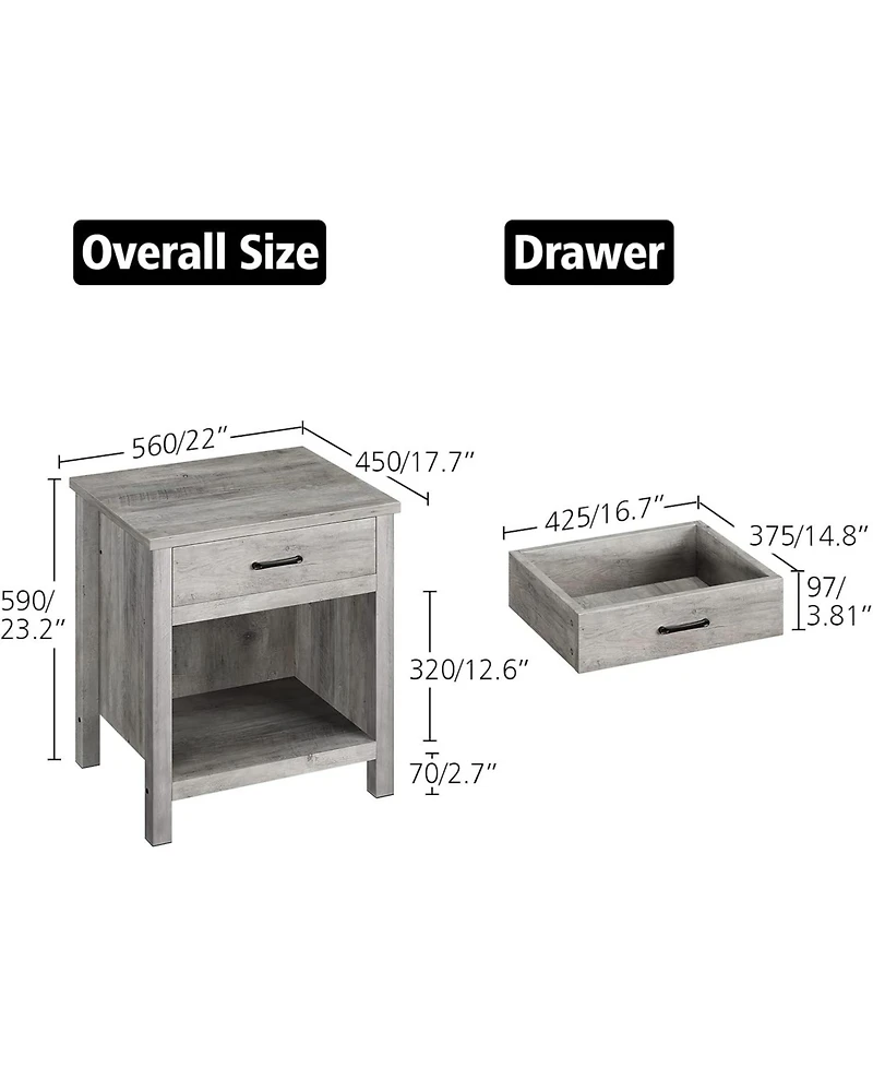 gaomon Farmhouse nightstand set of 2 with drawer and open shelf- wooden end tables for bedroom, nursery, or living room storage.