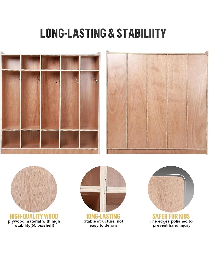 gaomon 5-Section Glazed Coat Locker Storage Cabinet, 5 Large Cubbies with Hooks And 10 Small Cubbies, Classroom Coat Locker with 4 Hidden