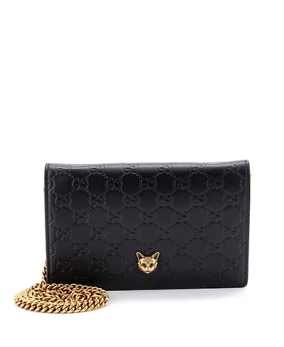 Pre-Owned Gucci Crystal Cat Wallet on Chain Guccissima Leather