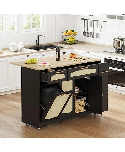 gaomon Rattan Rolling Kitchen Island Table on Wheels with Drop Leaf, Tilt Out Trash Can Cabinet 2 Door, Storage Cabinet, Drawer, Spice Rack